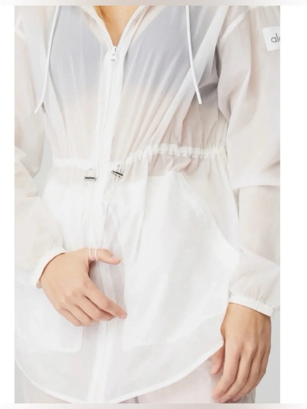 Alo Yoga Cloud Nine Sheer White Cinch Waist Zip Jacket